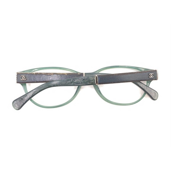 Chanel Green Oval Eyeglasses Frames 53-16 135 Italy Designer Fashion Leather - Picture 11 of 12